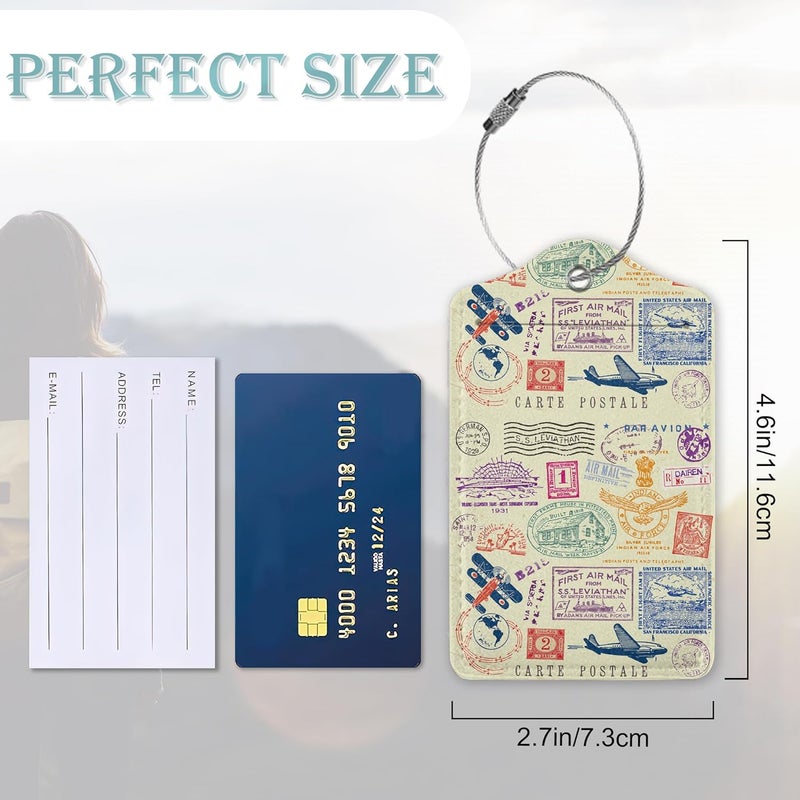 SKYDAWNY Travel Stamp Luggage Tags for Suitcase,2 Pack Retro Passport Carte Postale Luggage Tag Leather Privacy Cover ID Label with Stainless Steel Loop for Women Men Kids Girls - Image 3